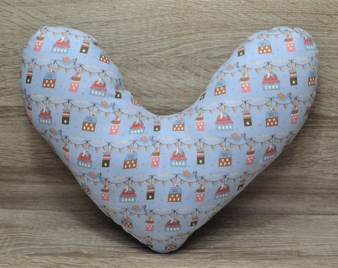 Heart pillow, chest heart pillow, mastectomy pillow, forearm pillow, breast surgery pillow, light blue with small birdhouse, handmade
