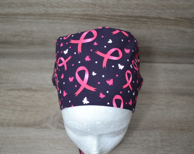 Surgical cap loop with terry cloth bandana, peeling cap, cosmetic cap, black with breast cancer loop, pink ribbon, handmade