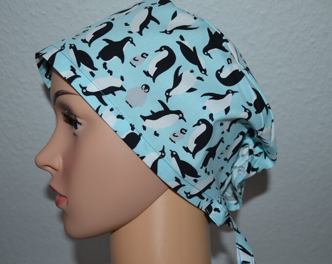 Surgical cap penguin terry cloth band, scrub cap, cosmetic cap, cooking cap, bandana, peeling cap, surgical cap, light blue with penguins, handmade