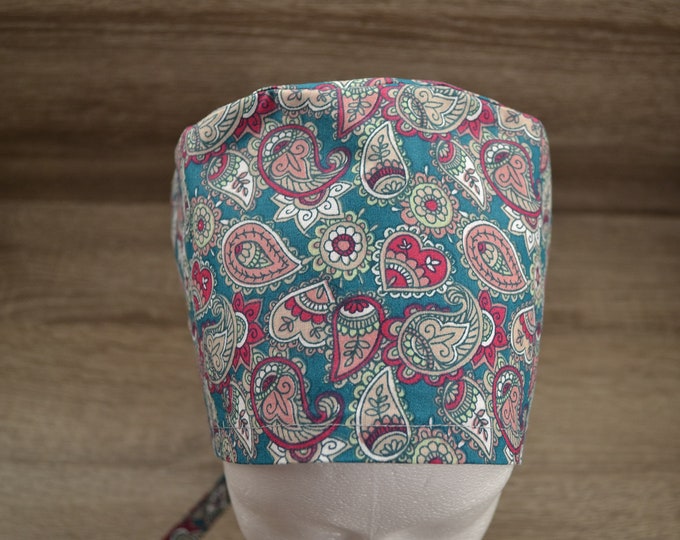 Surgical cap paisley terry cloth band, scrub cap, bandana, cosmetic cap, chef's hat, peeling cap, surgical caps, petrol with paisley, handmade