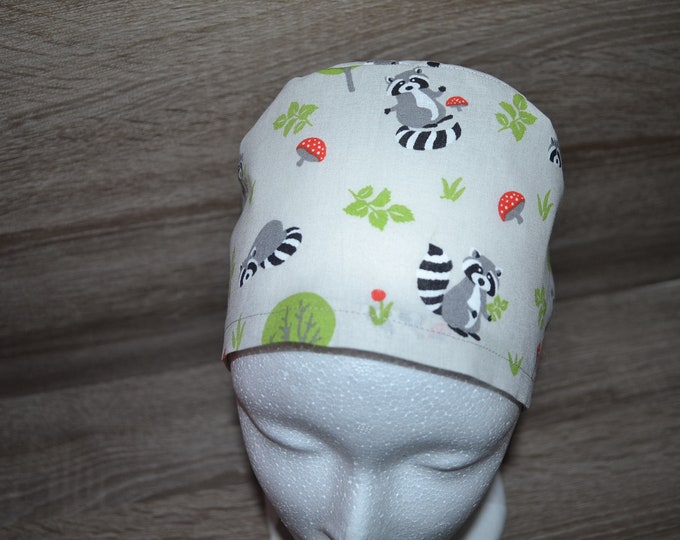 Surgical cap raccoon, scrub cap, bandana, cosmetic cap, peeling cap, chef's hat, surgical caps, beige with raccoons, handmade