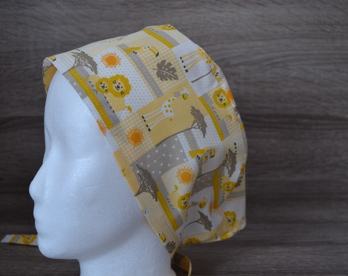 Surgical cap lion with terry cloth band, scrub cap, bandana, cosmetic cap, peeling cap, chef's hat, surgical caps, yellow with lions, handmade