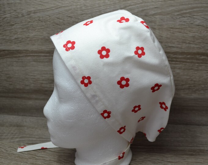 Surgical cap flowers with terry cloth band, scrub cap, bandana, cosmetic cap, chef's cap, cap with sweatband, white with red flowers, handmade