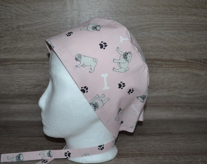 Surgical cap dog, scrub cap, bandana, cosmetic cap, peeling cap, chef's hat, surgical caps, pink with pugs, handmade