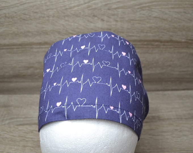 Surgical cap EKG, scrub cap, bandana, peeling cap, cosmetic cap, chef's cap, surgical caps, purple with heartbeat medicine, handmade