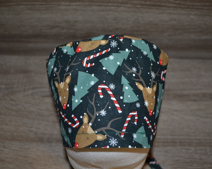 Surgical cap with moose terry cloth, scrub cap, bandana, cosmetic cap, chef's hat, green with moose/Christmas trees, Christmas surgical caps, moose cap