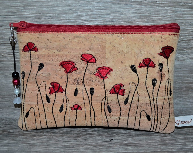 Cosmetic bag made of cork with poppies, cosmetic bag, cork bag, make-up bag, Mother's Day, bag, handmade