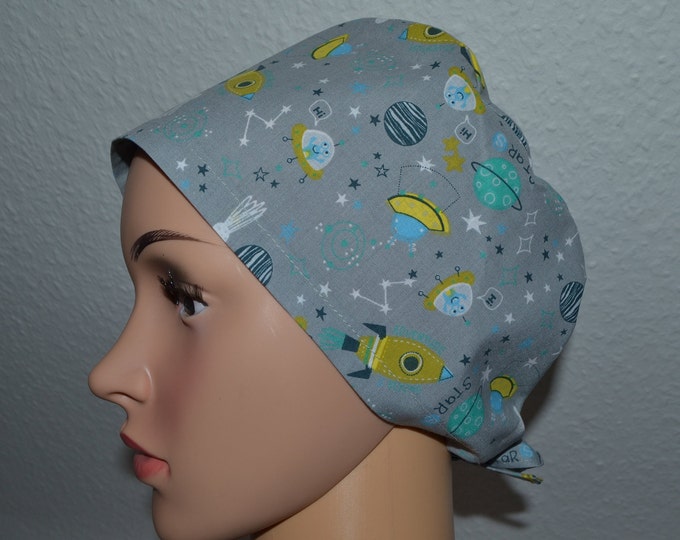 Surgical cap rocket terry cloth band, scrub cap, cooking cap, bandana, peeling cap, cosmetic cap, surgical caps, gray with rockets and planets, handmade