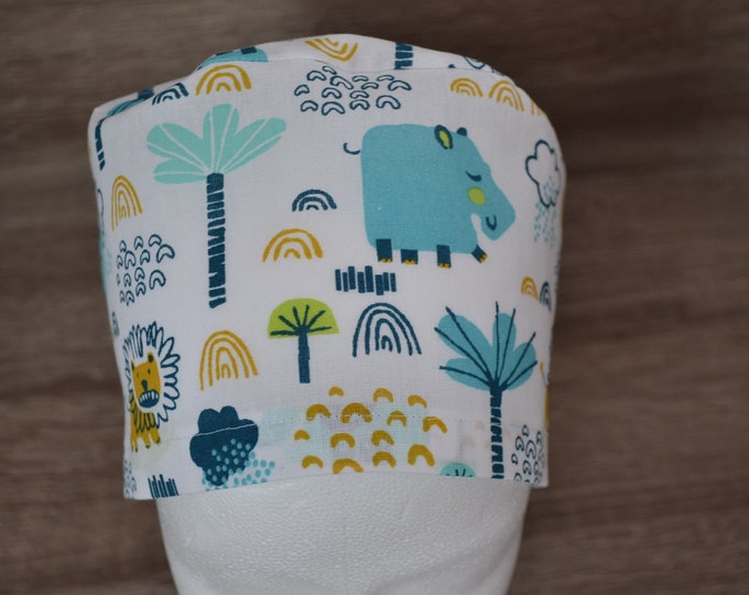 Surgical cap hippopotamus terry cloth band, scrub cap, cosmetic cap, chef's cap, bandana, peeling cap, surgical caps, white with hippo, handmade