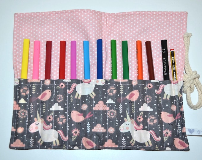 Unicorn roll-up pencil case, pencil roll, pencil case, roll-up case for 12 thick colored pencils, pencil storage, knitting needle case,