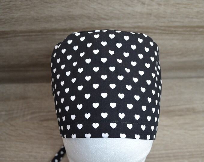 Surgical cap heart with terry cloth band, scrub cap, bandana, cosmetic cap, chef's hat, peeling cap, surgical caps, black with hearts, handmade
