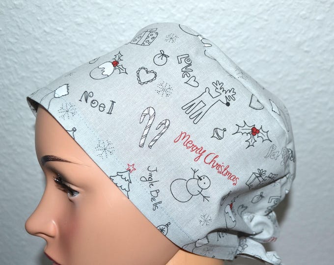 Surgical cap with snowman design, terry cloth band, scrub cap, bandana, cosmetic cap, chef's hat, light grey with Christmas motifs, Christmas surgical caps