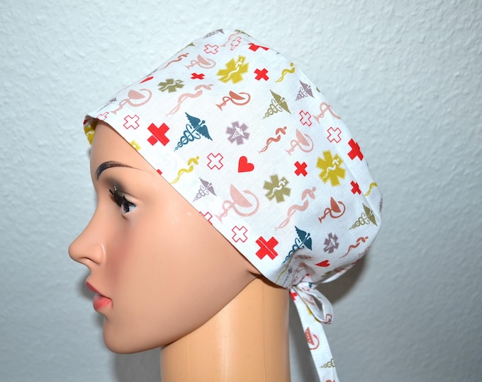 Surgical cap medicine, scrub cap, cosmetic cap, cooking cap, bandana, peeling cap, surgical caps, white with medical symbols