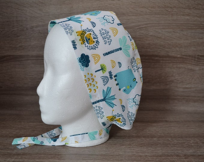 Surgical cap lion hippopotamus, scrub cap, bandana, cosmetic cap, chef's cap, cap with sweatband, white jungle, handmade