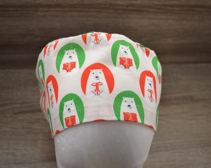 Surgical cap polar bear terry cloth band, scrub cap, bandana, cosmetic cap, peeling cap, chef's hat, beige with polar bears, surgical caps Christmas,