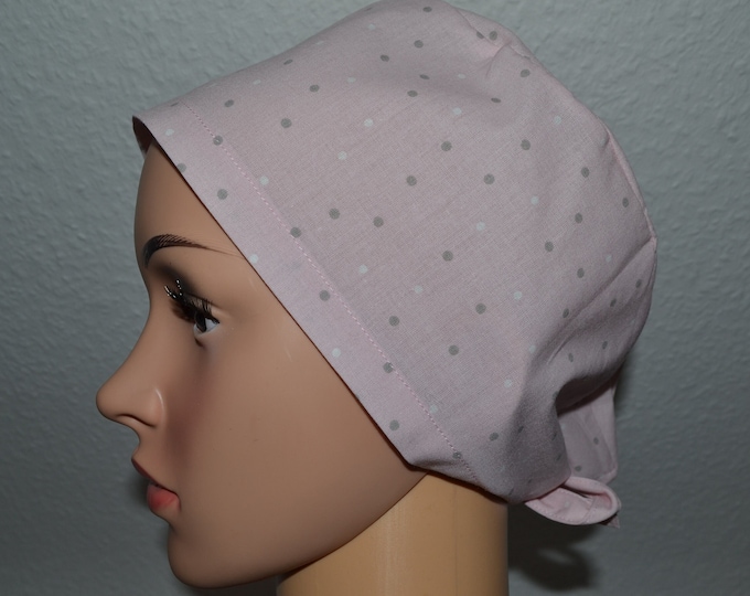 Surgical cap soft pink dots terry band, scrub cap, cosmetic cap, cooking cap, bandana, peeling cap, surgical caps, pink white gray dots,