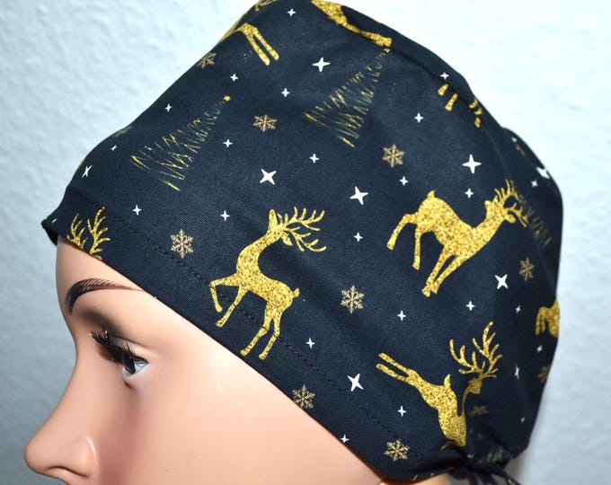 Surgical cap with deer design, scrub cap, bandana, cosmetic cap, chef's hat, black with golden deer, deer antler cap, Christmas cap