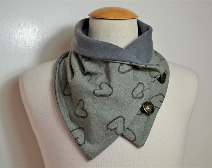 Olive green button loop scarf with heart design, button loops, loops, scarf with buttons, grey fleece cotton jersey, button loop scarf with heart design, heart loop, green wrap scarf