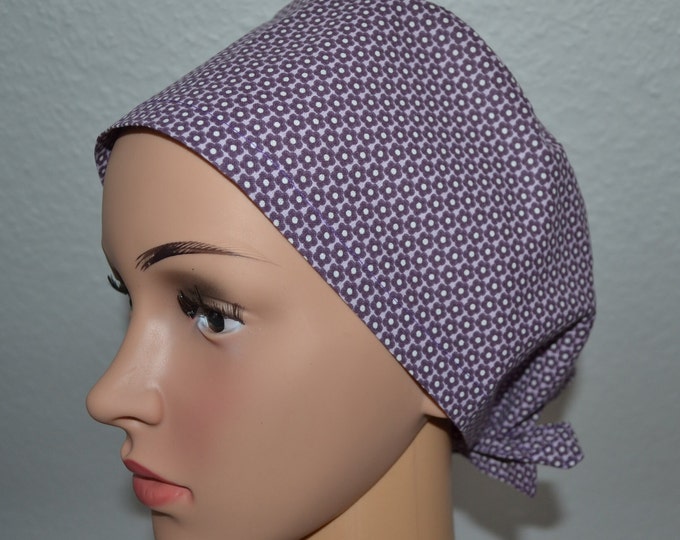 Surgical cap flowers with terry cloth band, scrub cap, cosmetic cap, cooking cap, bandana, peeling cap, purple with small flowers, handmade