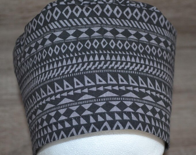 Surgical cap geometric terry cloth band, scrub cap, bandana, cosmetic cap, peeling cap, grey/black patterned, handmade