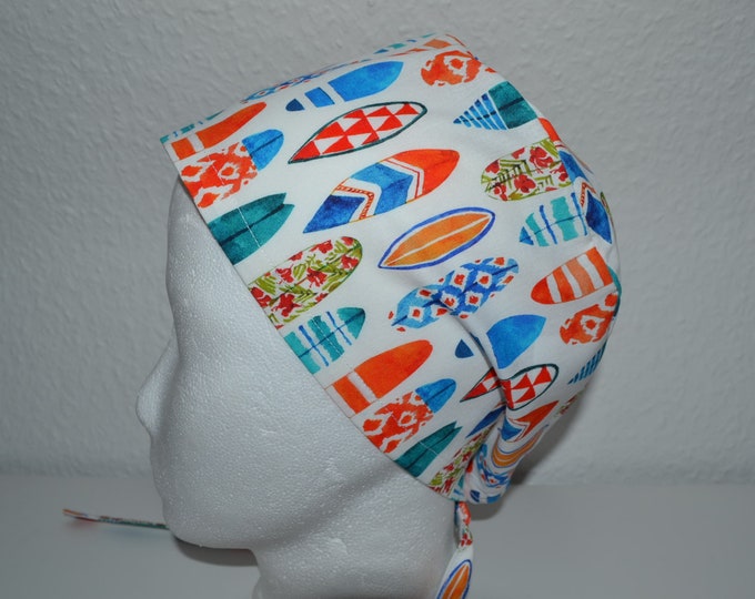 Surgical cap surfboard terry cloth band, scrub cap, chef's cap, bandana, peeling cap, cosmetic cap, surgical caps, white with surfboards, handmade