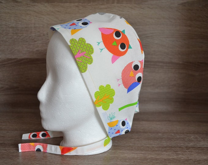 Surgical cap owl with terry cloth band, scrub cap, bandana, peeling cap, cosmetic cap, surgical caps owls, chef's cap, white with owls, handmade