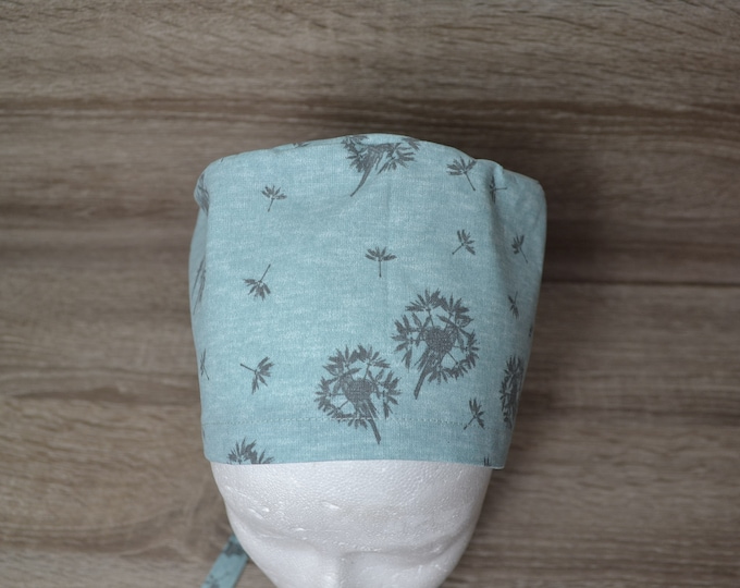 Dandelion surgical cap, scrub cap, bandana, peeling cap, cosmetic cap, mint with gray dandelions, handmade