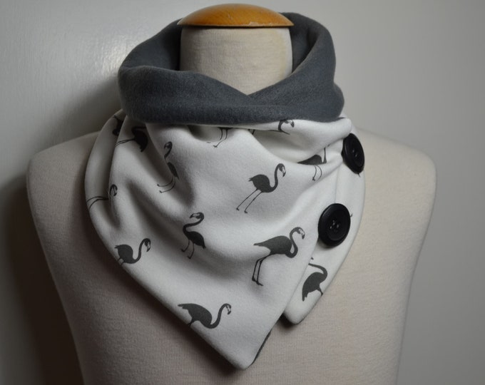 Button loop flamingo, button loops, loops, scarf, scarf with buttons, cotton jersey gray fleece, button loop checks, loop, handmade