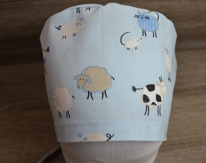 Surgical cap cows, scrub cap, bandana, peeling cap, cosmetic cap, light blue with farm animals, cooking cap, surgical caps, handmade