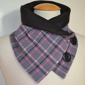 Button loop checked, button loops, loops, scarf, cotton jersey gray pink checked and black fleece, wrap scarf, wrap loop, handmade