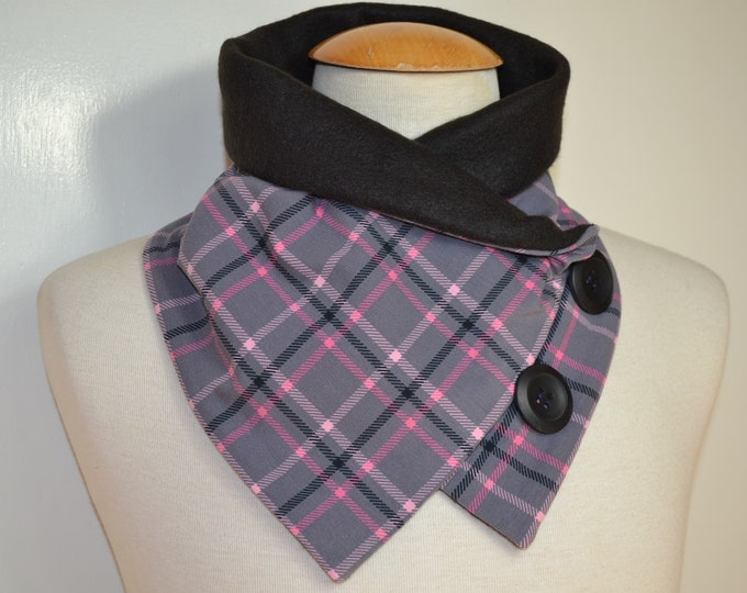 Button loop checked, button loops, loops, scarf, cotton jersey gray pink checked and black fleece, wrap scarf, wrap loop, handmade