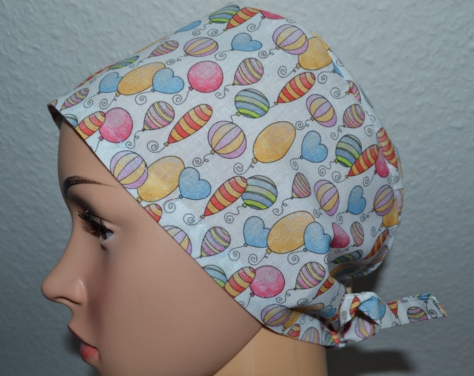 Surgical cap balloon, scrub cap, bandana, chef's cap, cosmetic cap, peeling cap, light beige with colorful balloons, handmade