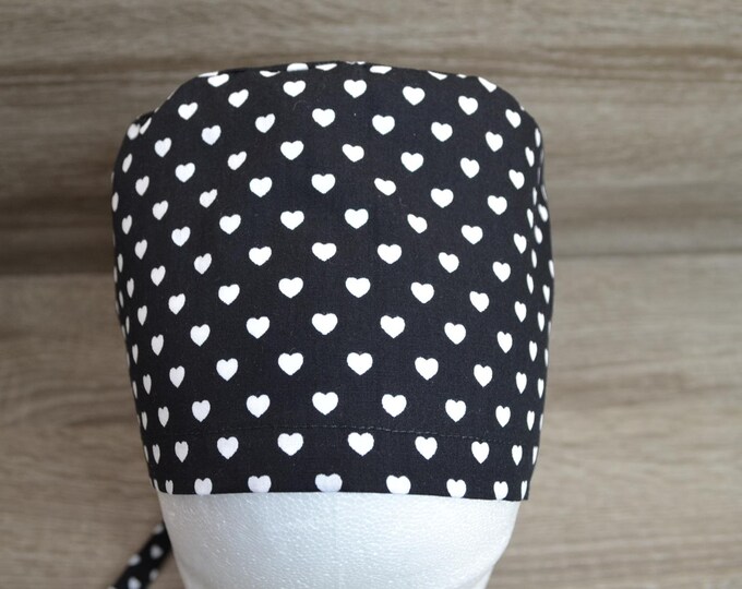 Surgical cap heart, cap black with white hearts, scrub cap, bandana, peeling cap, cosmetic cap, white hearts, chef's hat, handmade