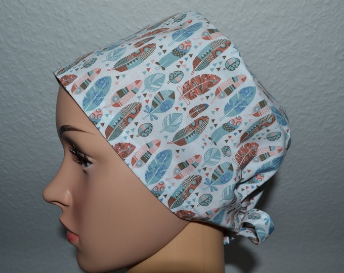 Surgical cap spring with terry band, bandana, peeling cap, cosmetic cap, chef's cap, surgical cap springs, blue with white feathers, handmade