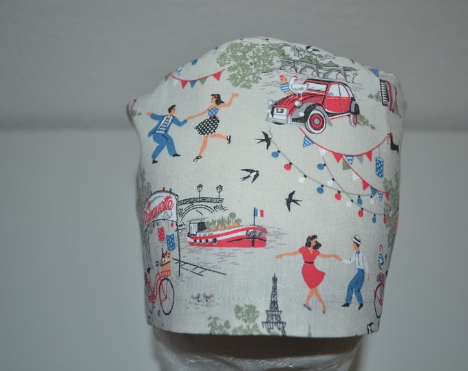 Surgical cap Paris with terry cloth band, scrub cap, bandana, cosmetic cap, chef's cap, cap with sweatband, beige with Eiffel Tower 2CV, handmade