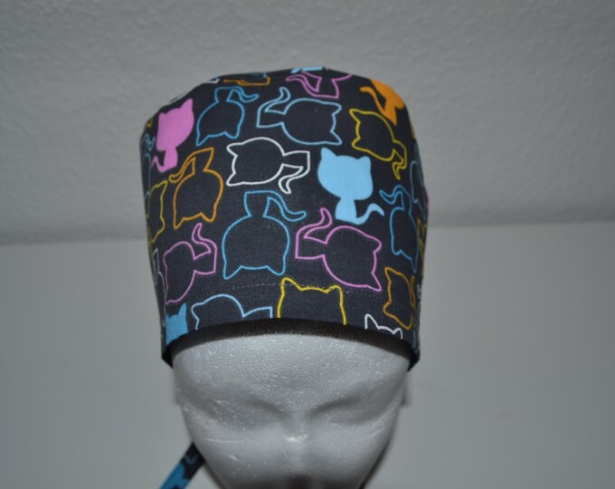 Surgical cap cat terry cloth band, scrub cap, cosmetic cap, chef's cap, bandana, peeling cap, surgical caps, anthracite with cats, handmade