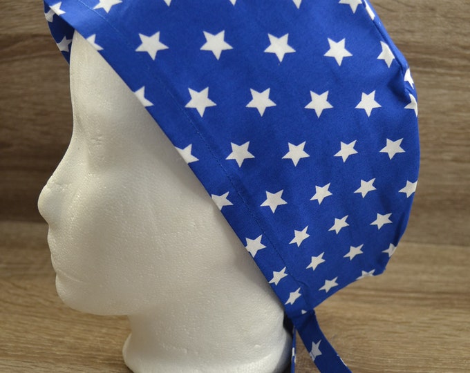 Surgical cap star with terry cloth band, scrub cap, bandana, peeling cap, chef's cap, cosmetic cap, surgical caps, blue with stars, handmade