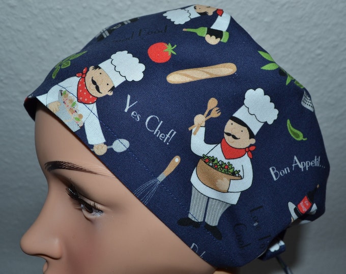 Surgical cap chef, scrub cap, bandana, chef's cap, cosmetic cap, peeling cap, blue with chefs, handmade
