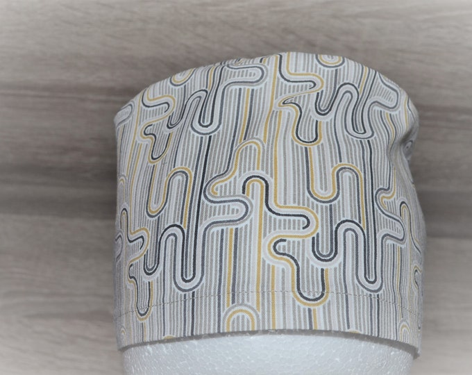 Surgical cap lines with terry cloth band, scrub cap, bandana, cosmetic cap, chef's cap, peeling cap, beige with lines, handmade