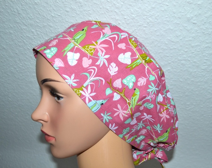 XL surgical caps parrot for long hair, scrub cap, bandana, peeling cap, cosmetic cap, chef's cap, pink with cockatoo, XL cap jungle