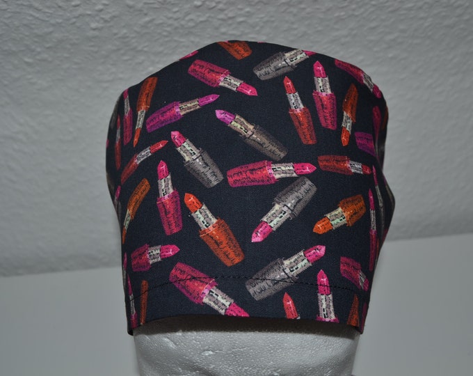 Surgical cap lipstick with terry cloth band, scrub cap, bandana, cosmetic cap, peeling cap, surgical caps, chef's hat, black with lipstick,