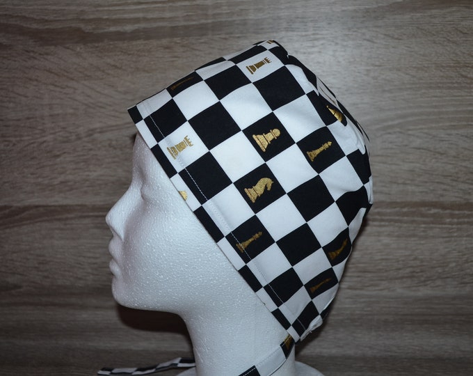 Surgical cap chess with terry cloth band, scrub cap, bandana, peeling cap, chef's cap, cosmetic cap, black and white checkered, handmade