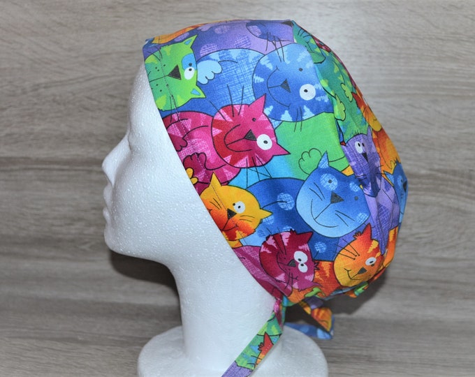 XL surgical cap cat for long hair, XL scrub cap, bandana, peeling cap, cosmetic cap, colorful cats, cat cap, handmade