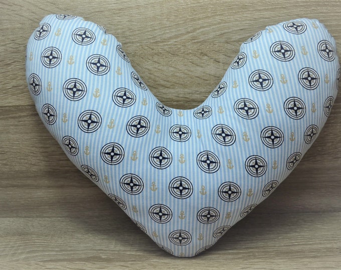 Heart pillow, breast heart pillow, mastectomy pillow, forearm pillow, breast surgery pillow, light blue striped with compass, handmade