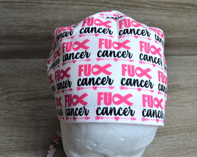 Surgical cap bow, scrub cap, bandana, peeling cap, cosmetic cap, white with pink "fuck cancer", pink ribbon, breast cancer, handmade