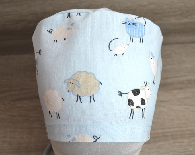 Surgical cap with cows, scrub cap, bandana, peeling cap, cosmetic cap, light blue with farm animals, chef's cap, surgical caps, handmade