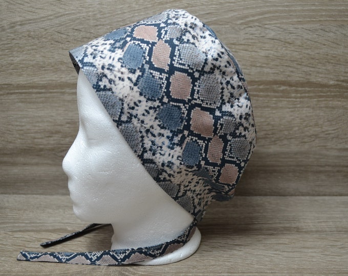 Surgical cap snakeskin with terry cloth band, scrub cap, bandana, peeling cap, chef's cap, cosmetic cap, surgical caps, handmade