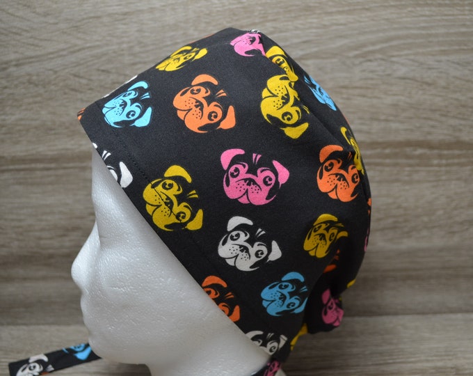 Surgical cap dog terry cloth band, scrub cap, chef's cap, bandana, peeling cap, cosmetic cap, surgical caps, black with colorful dogs, handmade