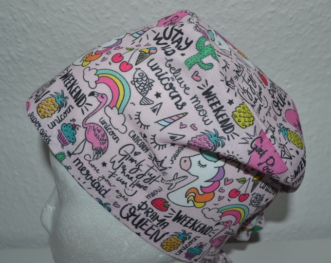 Surgical cap unicorn with terry cloth band, scrub cap, bandana, cosmetic cap, peeling cap, surgical caps, chef's hat, pink with unicorn, handmade