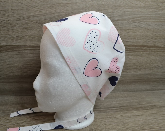 Surgical cap heart with terry cloth band, scrub cap, bandana, peeling cap, chef's cap, cosmetic cap, white with pink & blue hearts, handmade